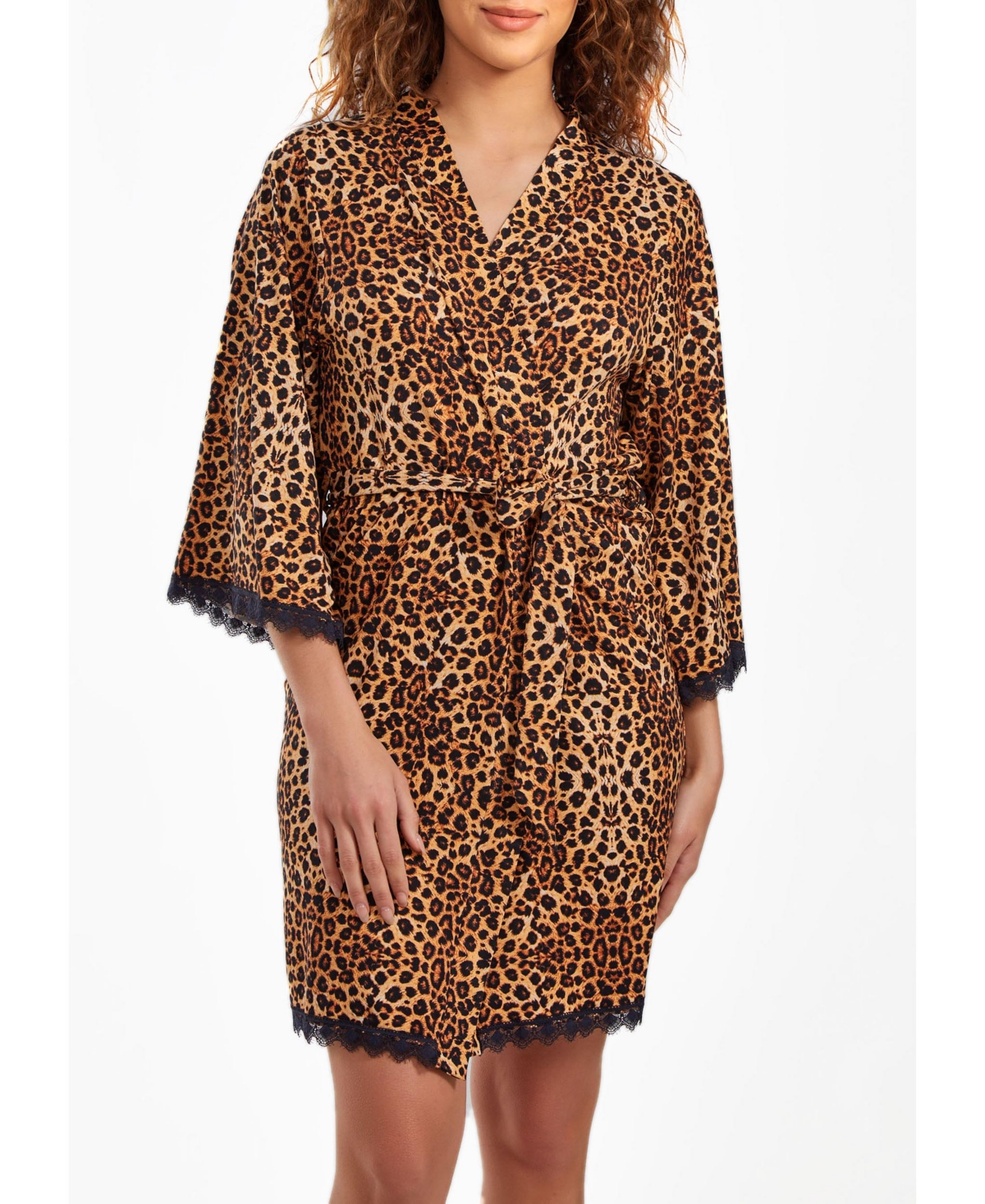 Icollection Women' S Chiya Robe With Self Tie Sash And Lace Trimed Hemlines In Leopard