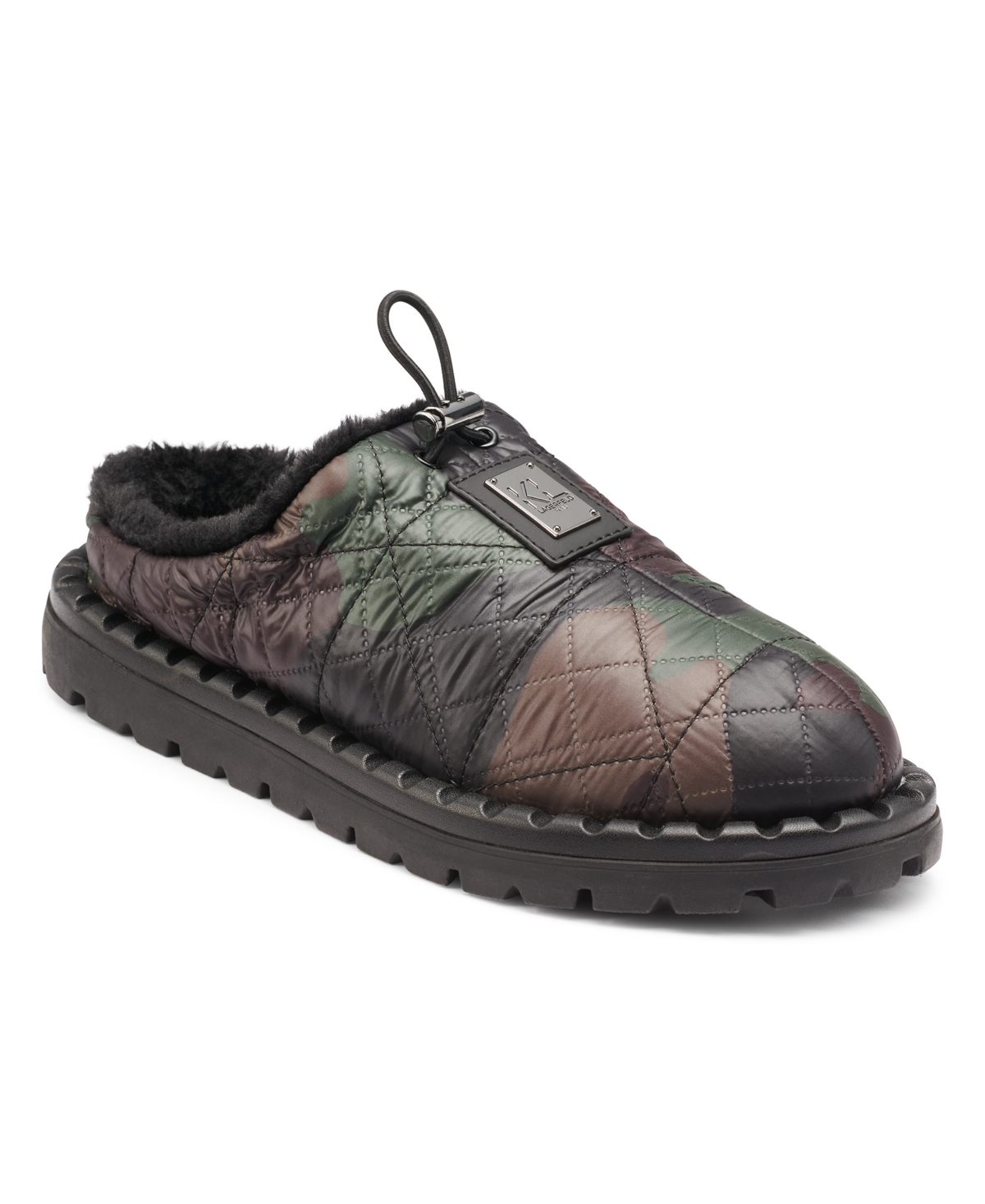 Shop Karl Lagerfeld Men's Faux Fur Lined Quilted Toggle Slip On With Front Logo Plaque Slippers In Camo