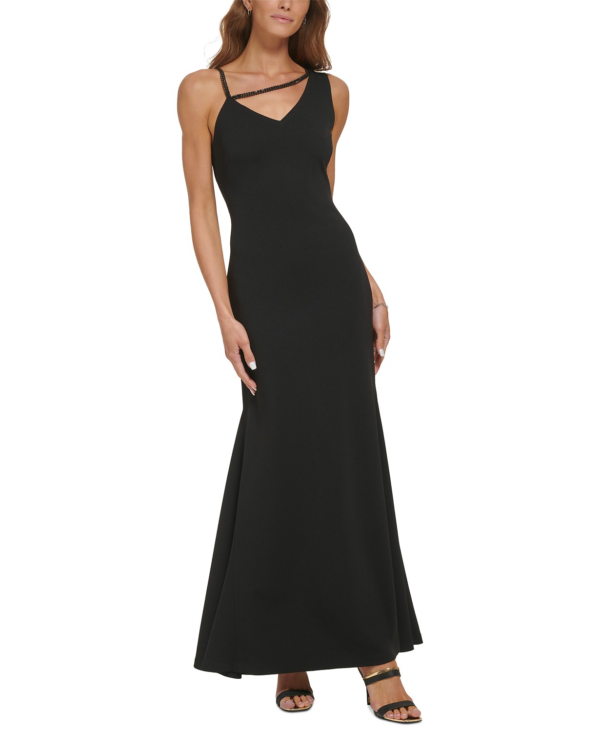 Womens One-Shoulder Chain-Trim Crepe Gown