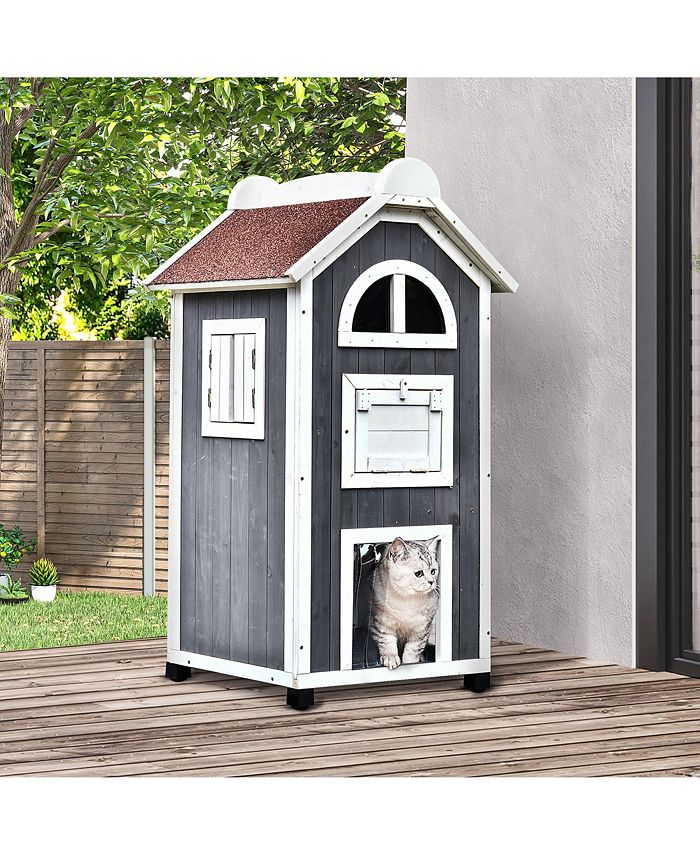PawHut Wood Cat Condo Furniture 2Floor Pet Shelter Grey and White, 43