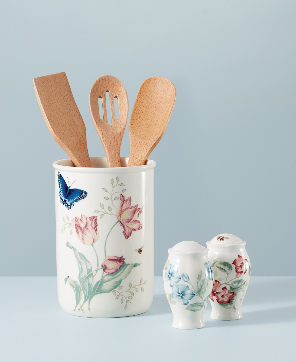 Lenox Butterfly Meadow 4pc Utensil Holder Set In White Body W,pastel Floral And Botanical