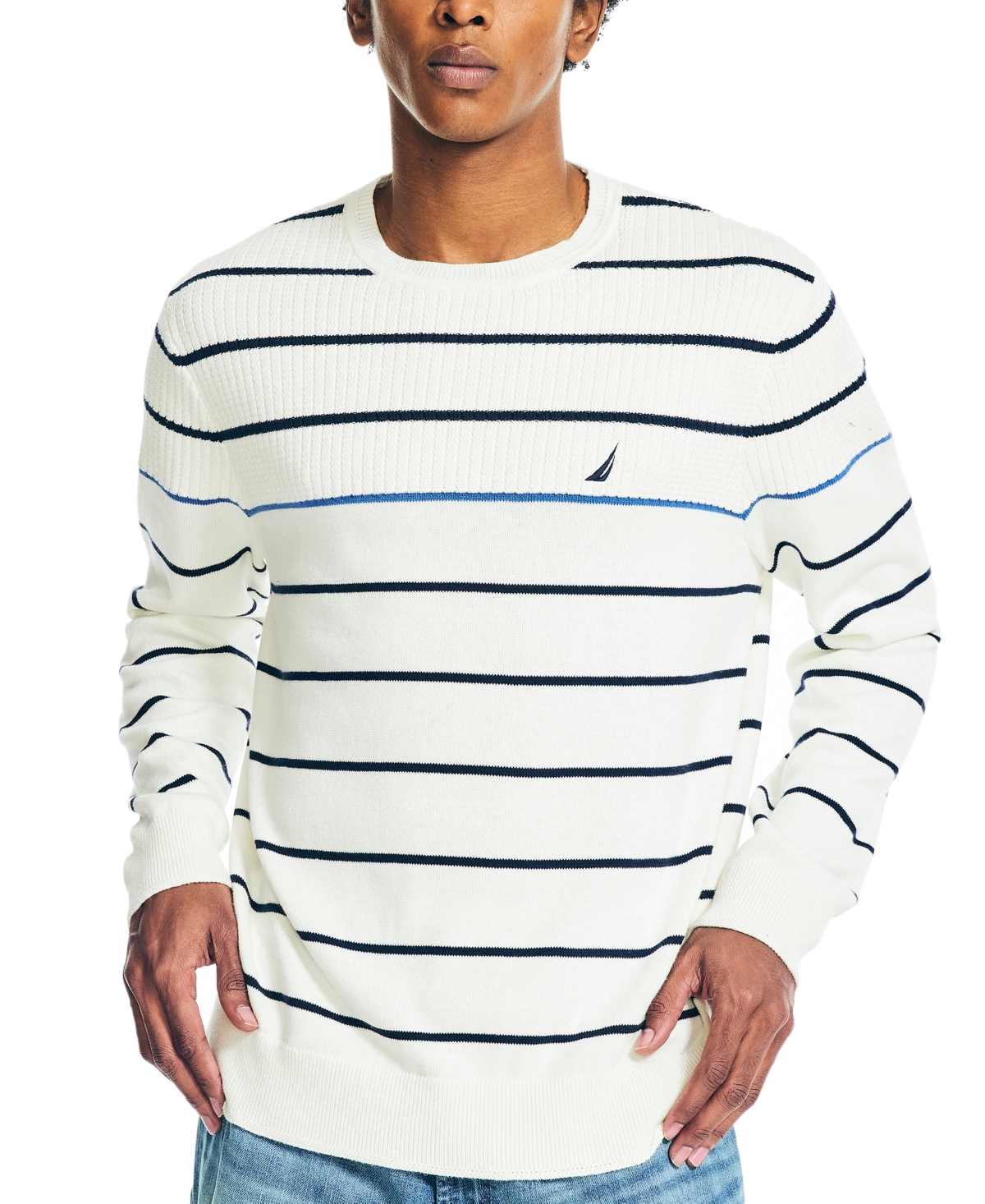 Nautica Men's Classic-fit Cotton Textured Striped Crewneck Sweater In Marshmallow
