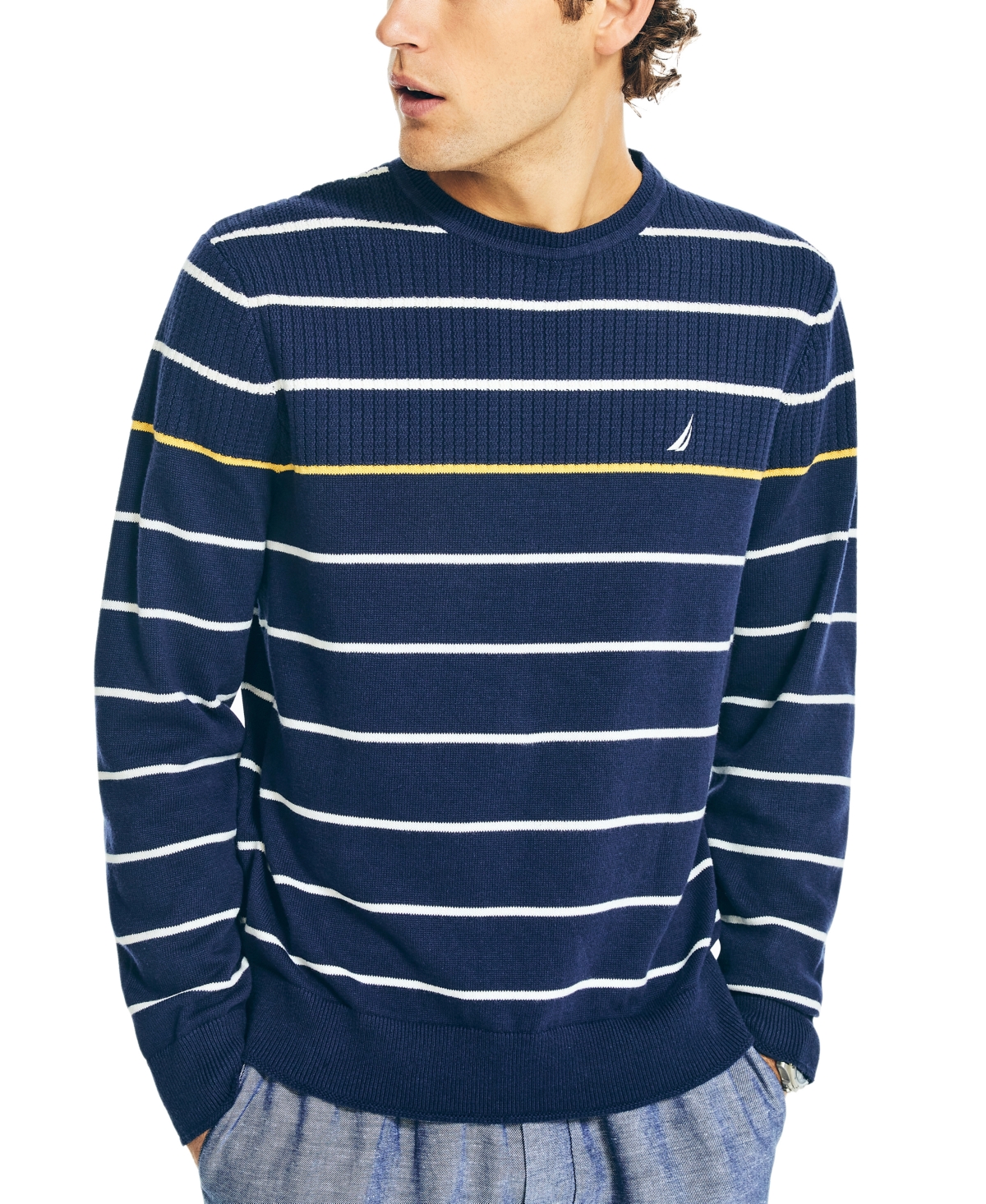 Nautica Men's Classic-fit Cotton Textured Striped Crewneck Sweater In Navy Seas