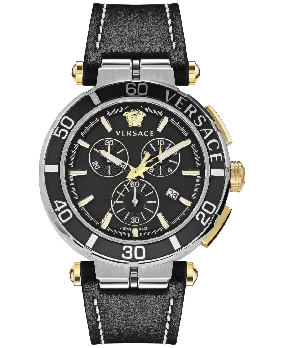 Versace Men's Chronograph Greca Black Leather Strap Watch 45mm