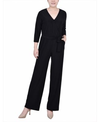 Petite Short 3/4 Sleeve Belted Wide Leg Jumpsuit