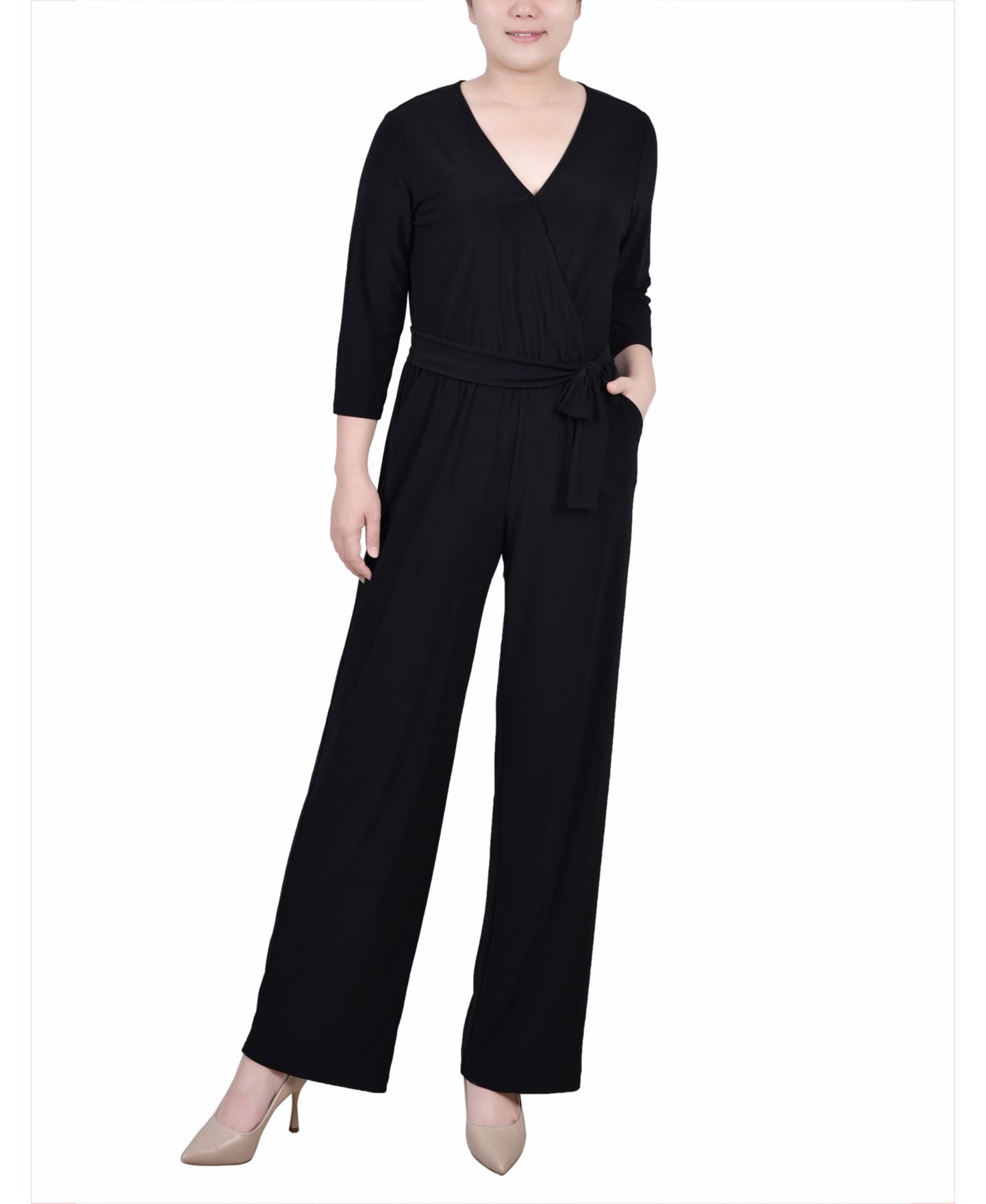 Женский комбинезон NY Collection Petite Short 3/4 Sleeve Belted Wide Leg Jumpsuit, цвет: Чёрный — фото 1