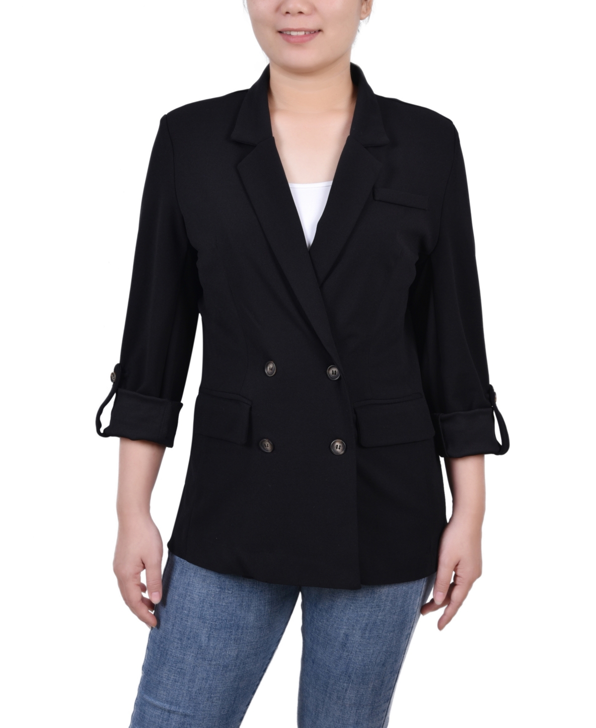 Petite Long Sleeve Double Breasted Crepe Blazer - Tinsel