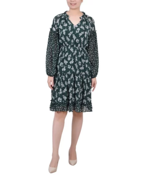 Petite Long Sleeve Combo Chiffon Dress - Botanical Garden Floral Dot