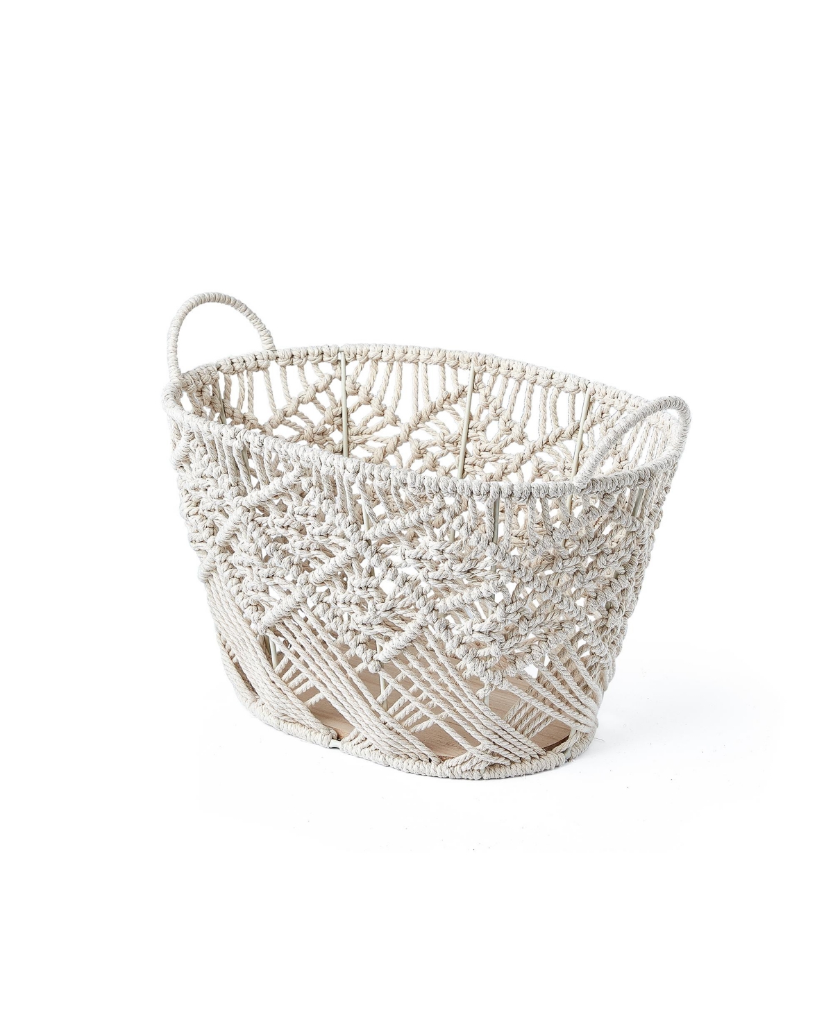 Baum Macrame Oval Cotton Rope Storage Bins With Ear Handles And Wood Base, Set Of 3 In White