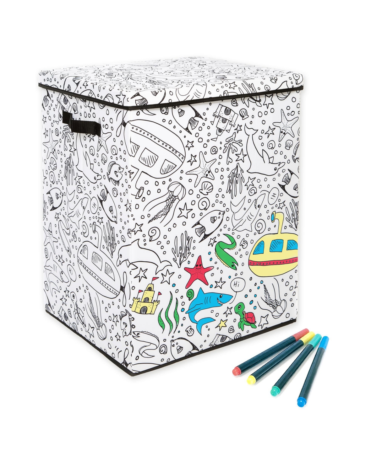 Kid's Coloring Under Sea Print Hamper with Lid and 4 Washable Markers Set - Under Sea Print