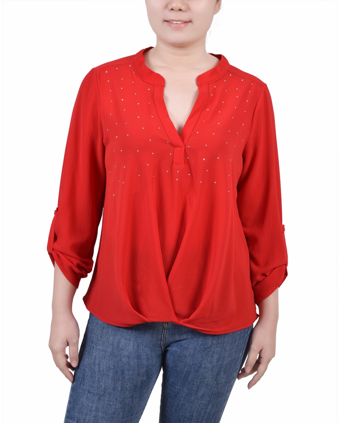Petite 3/4 Sleeve Mandarin Collar Blouse with Front Pleats - Molten Lava Red
