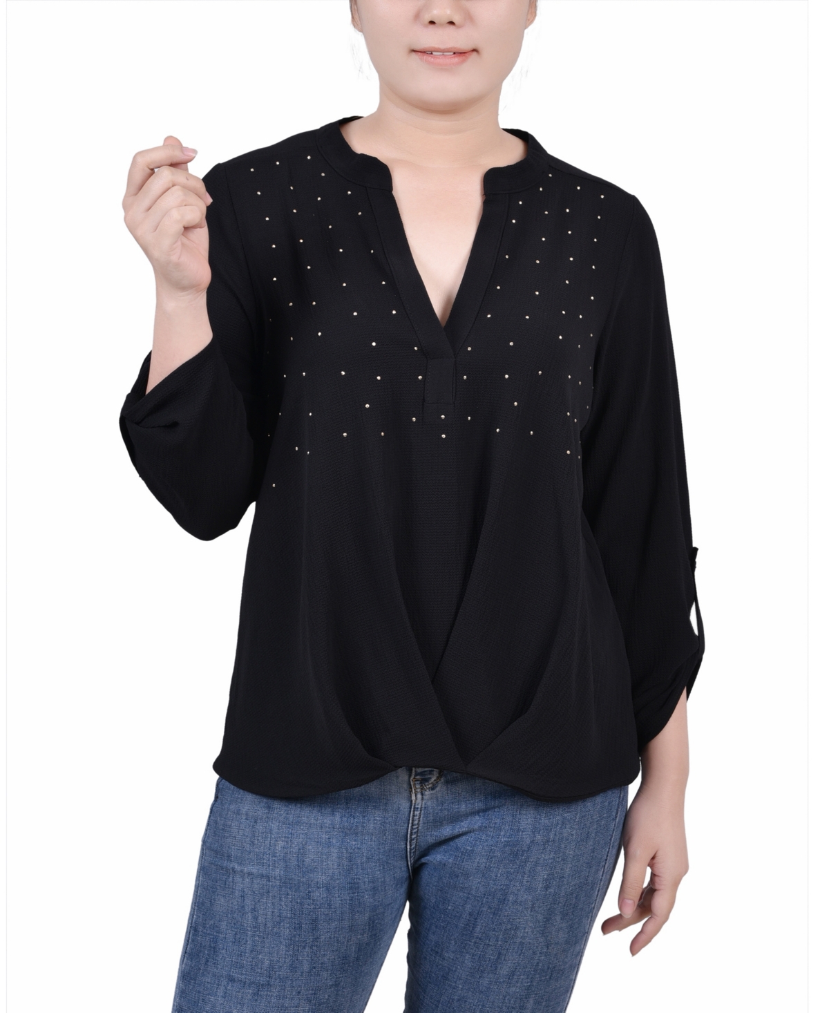 Petite 3/4 Sleeve Mandarin Collar Blouse with Front Pleats - Molten Lava Red