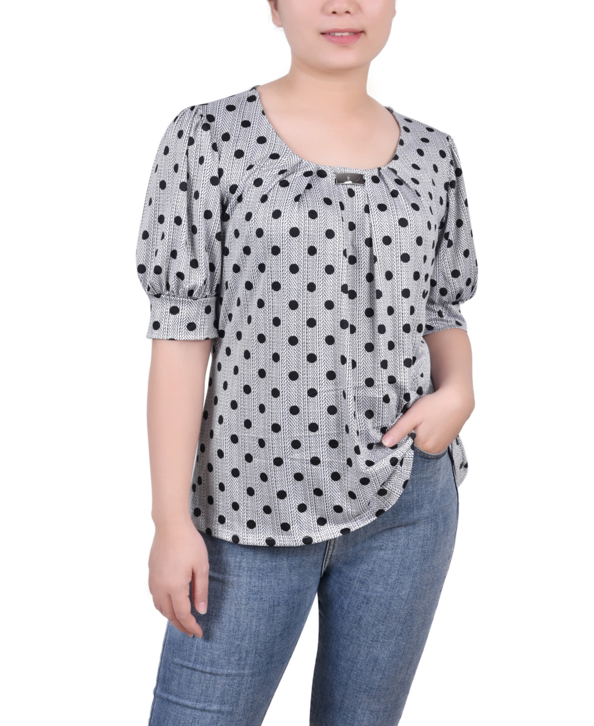 Ny Collection Petites Womens Office Professional Blouse In Black,white Abstract Dot