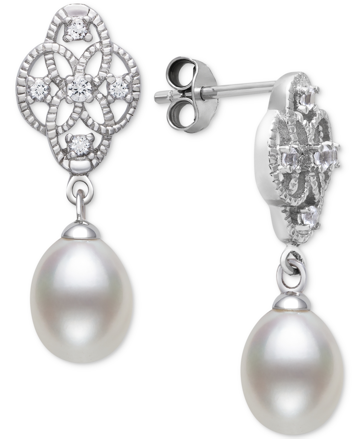 Belle De Mer Cultured Freshwater Pearl (7-8mm) & Lab-created White Sapphire (1/6 Ct. T.w.) Drop Earrings In Sterl In Sterling Silver