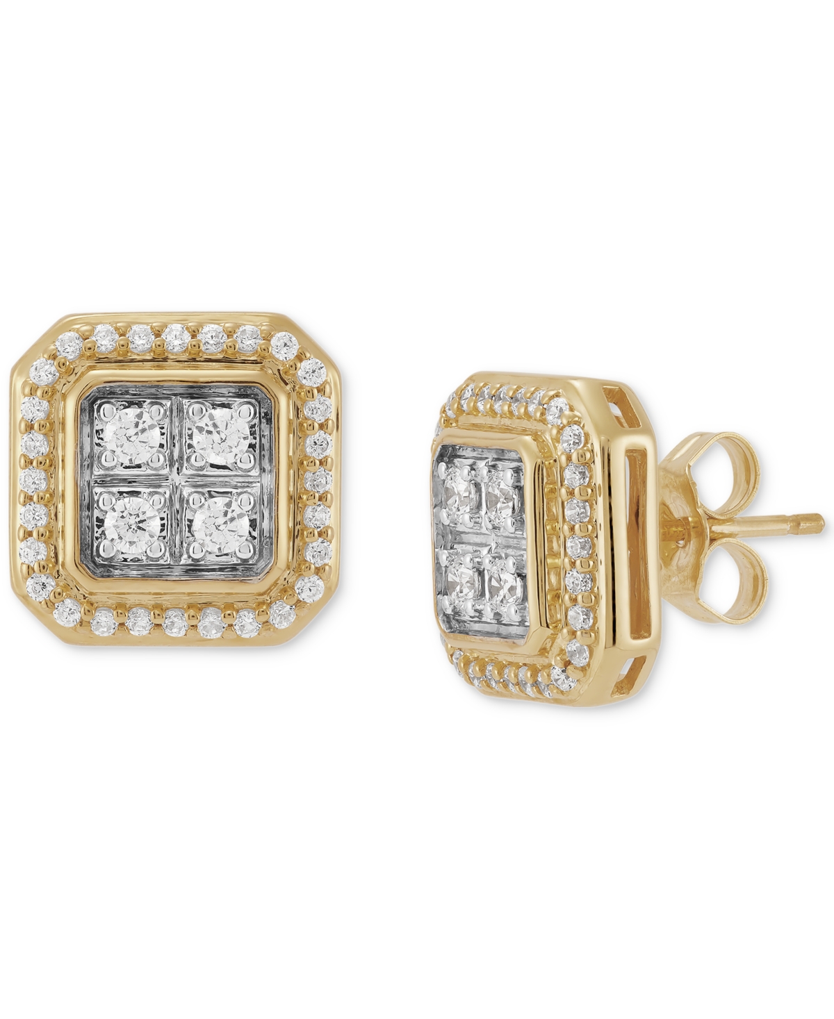 Men's Lab Grown Diamond Halo Square Cluster Stud Earrings (1/2 ct. t.w.) in 10k Gold - Yellow Gold