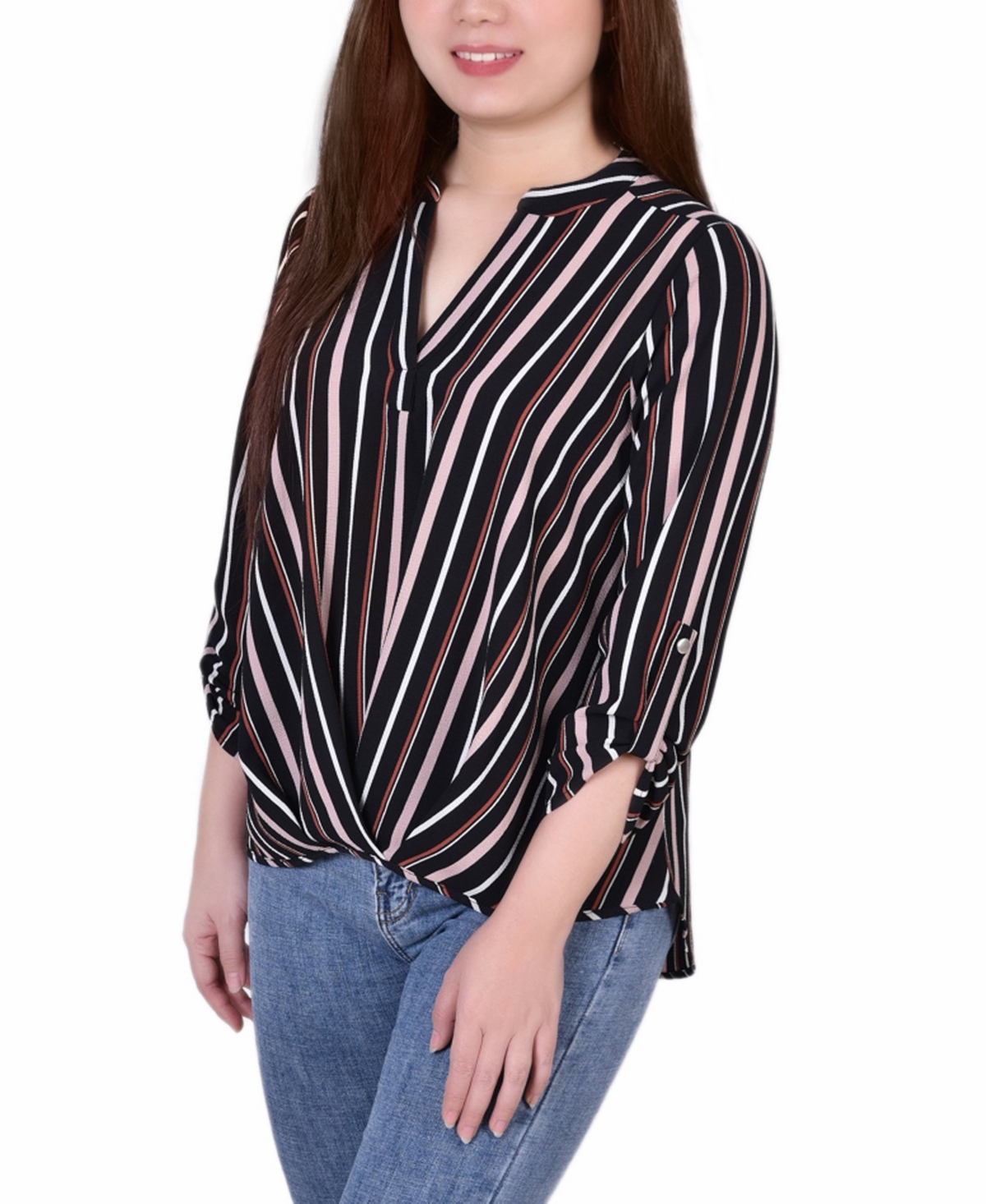 Petite Size 3/4 Push Tab Mandarin Collar Blouse with Front Pleats