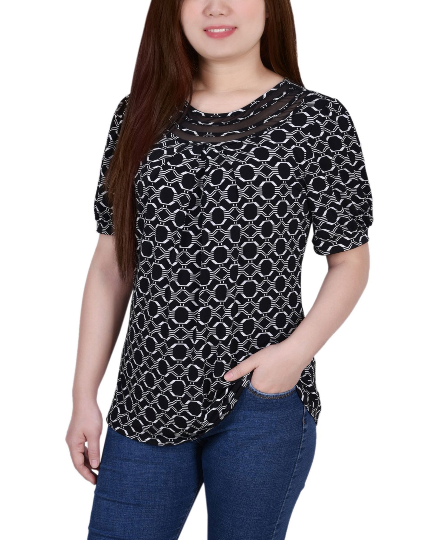 Petite Short Puff Sleeve Mesh Inset Top