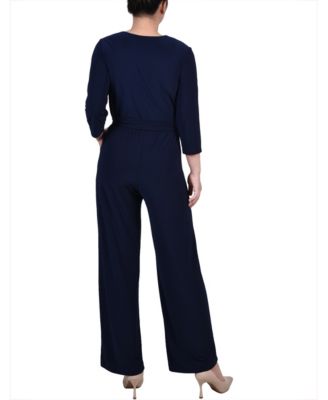 Petite Short 3/4 Sleeve Belted Wide Leg Jumpsuit