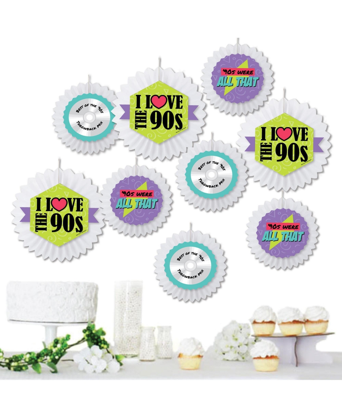 90s Throwback - Hanging 1990s Party Tissue Decoration Kit Paper Fans - Set of 9