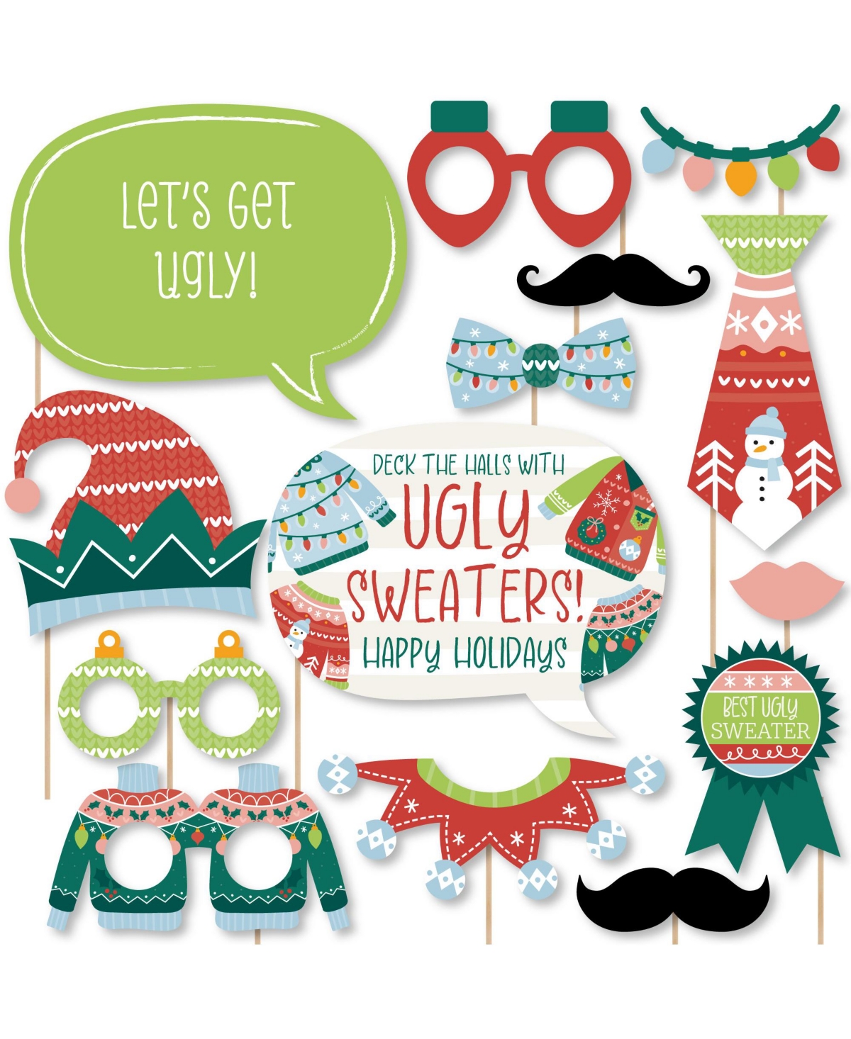 Colorful Christmas Sweaters Ugly Holiday Party Photo Booth Props Kit 20 Ct
