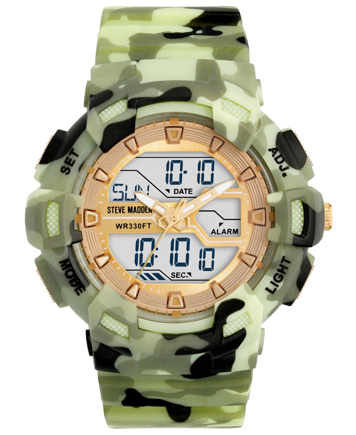 Steve Madden Women's Digital Green Camouflage Pattern Silicone Band Watch, 51mm In Green,gold-tone