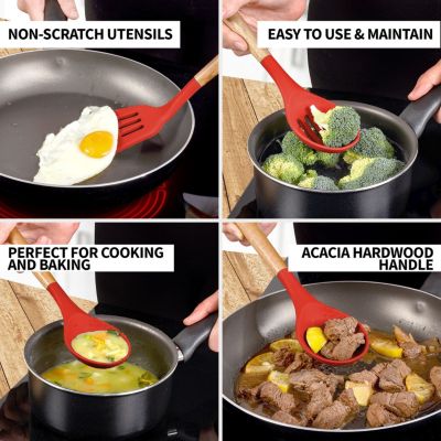 5 Piece Silicone Utensils Set with Authentic Acacia Wood Handles