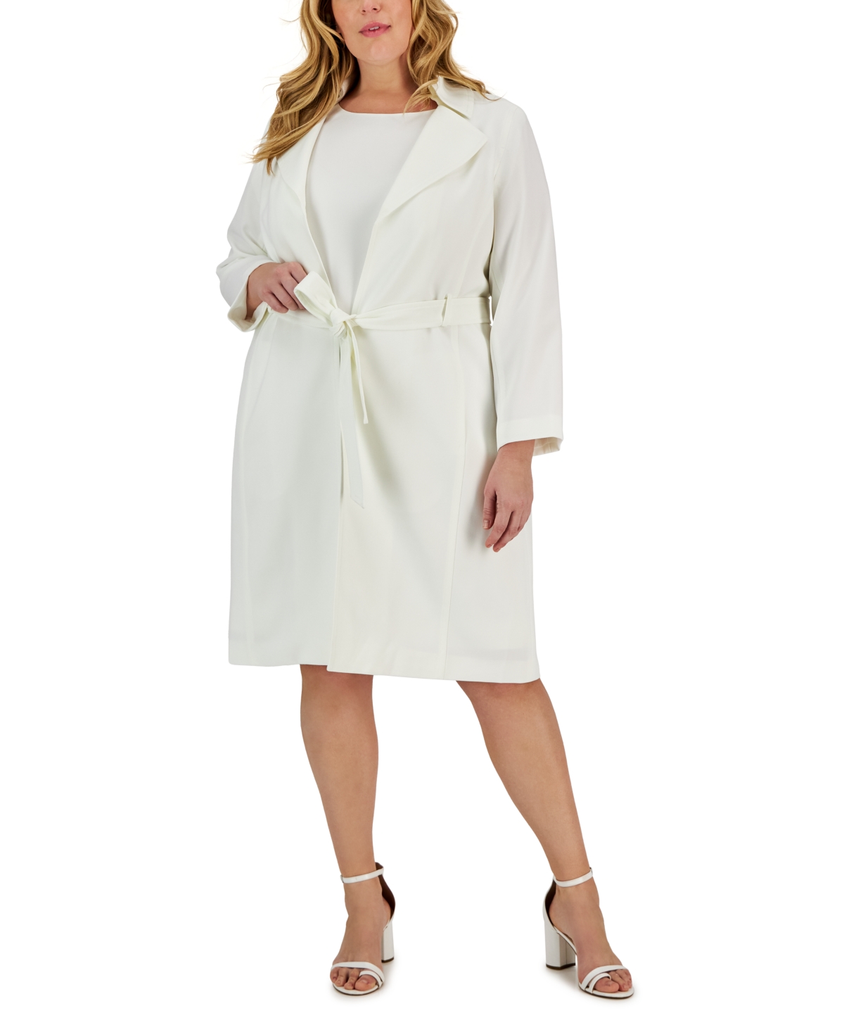 Le Suit Plus Size Belted Trench Jacket And Sheath Dress In Vanilla Ice
