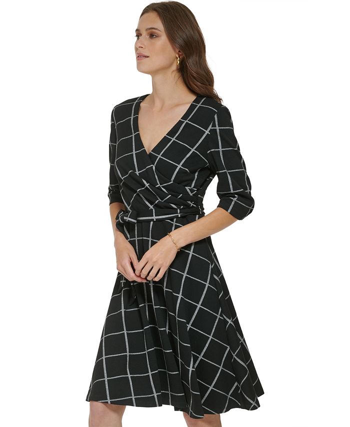 DKNY ElbowSleeve VNeck Tweed TieWaist Dress Macy's
