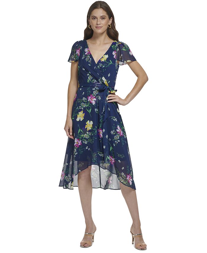 DKNY Floral Print Flutter Sleeve Asymmetrical Faux Wrap Dress Macy s