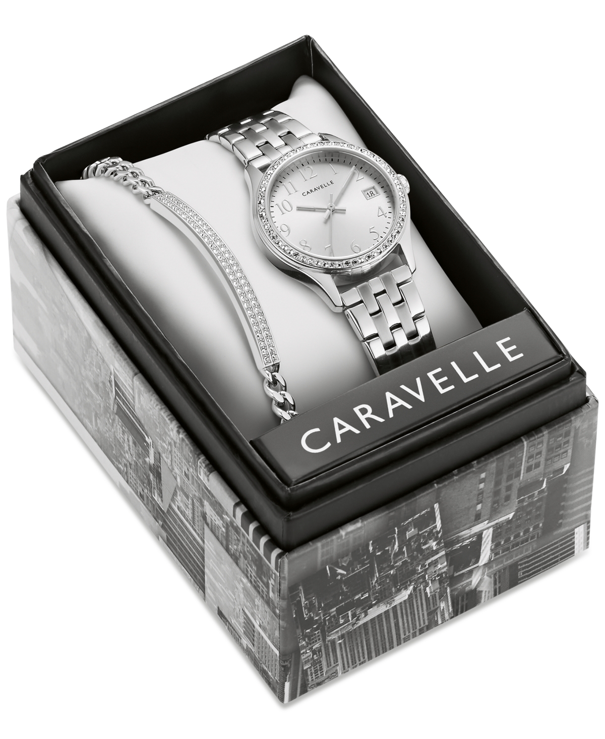 designed by Bulova Women's Crystal Stainless Steel Bracelet Watch 32mm Gift Set - Silver-tone