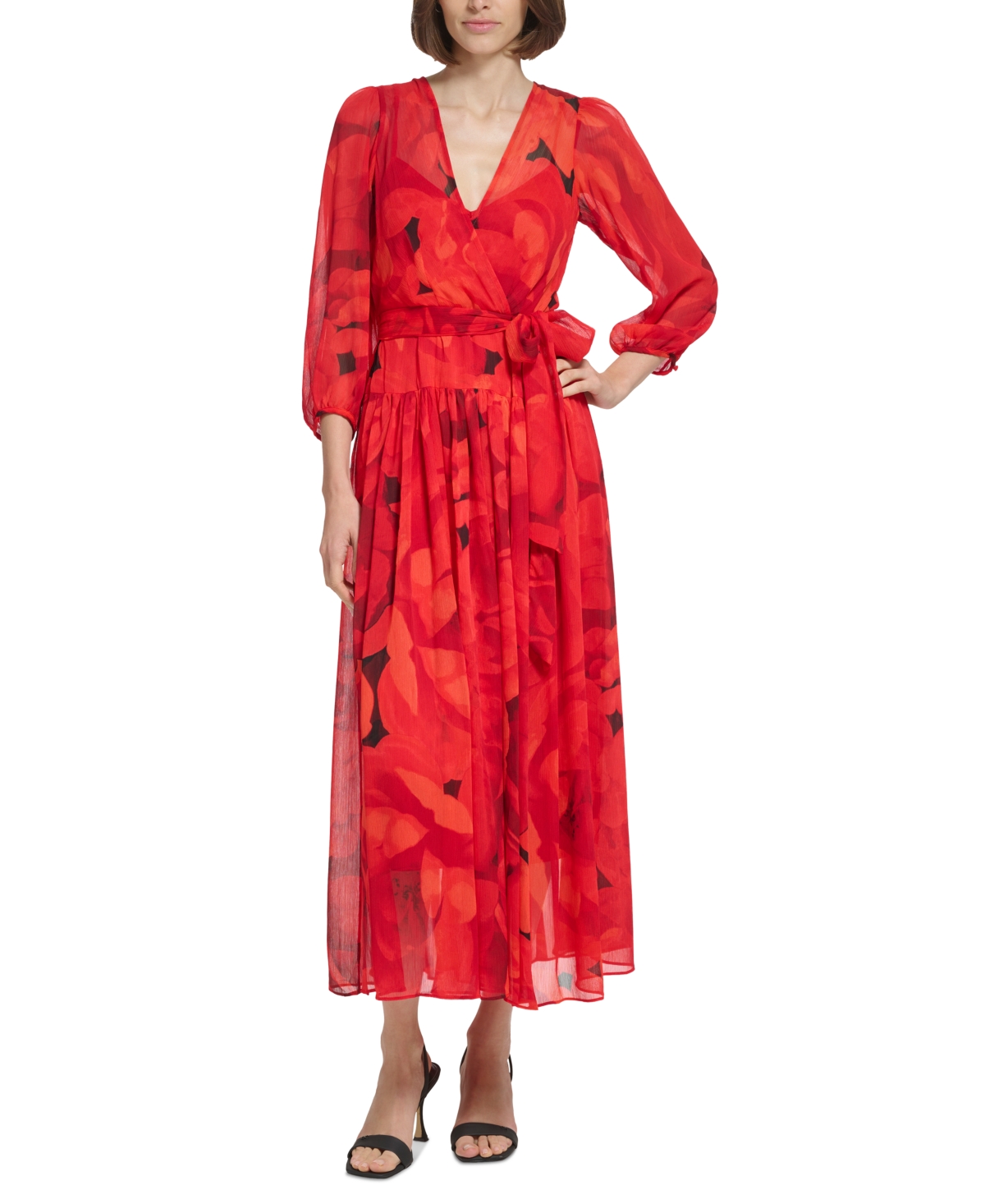 Calvin Klein Printed 3/4-Sleeve Faux-Wrap Maxi Dress