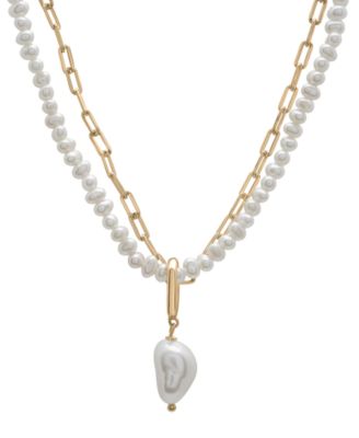 Macy's - Cultured Freshwater Pearl (2x3mm, 9x10mm) Layered Pendant Necklace in 14k Gold-Plated Sterling Silver, 17" + 1" extender