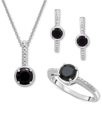 Macy's - 3-Pc. Set Onyx & Diamond Accent Pendant Necklace, Ring and Hoop Earrings in Sterling Silver