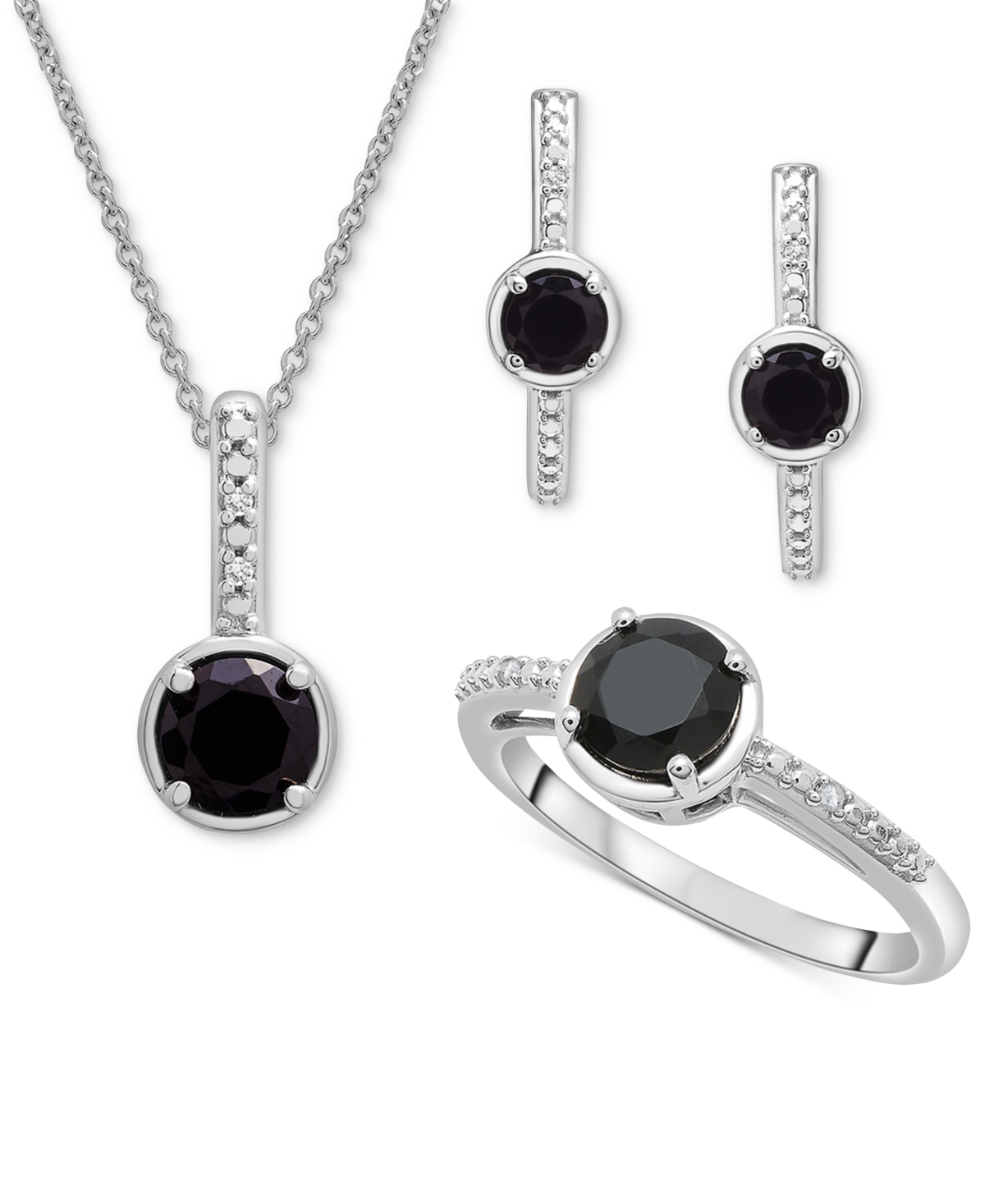 Macy's 3-pc. Set Onyx & Diamond Accent Pendant Necklace, Ring And Hoop Earrings In Sterling Silver