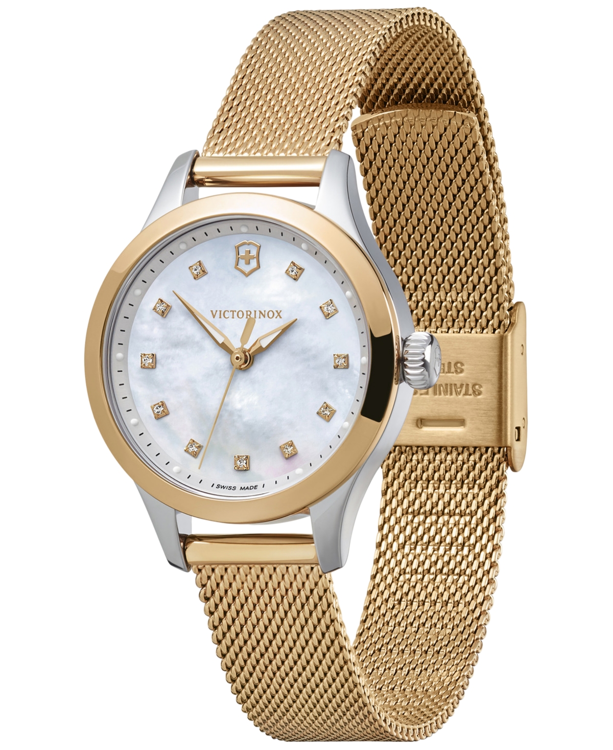 Shop Victorinox Women's Alliance Gold Pvd Stainless Steel Mesh Bracelet Watch 28mm In Mother-of-pearl