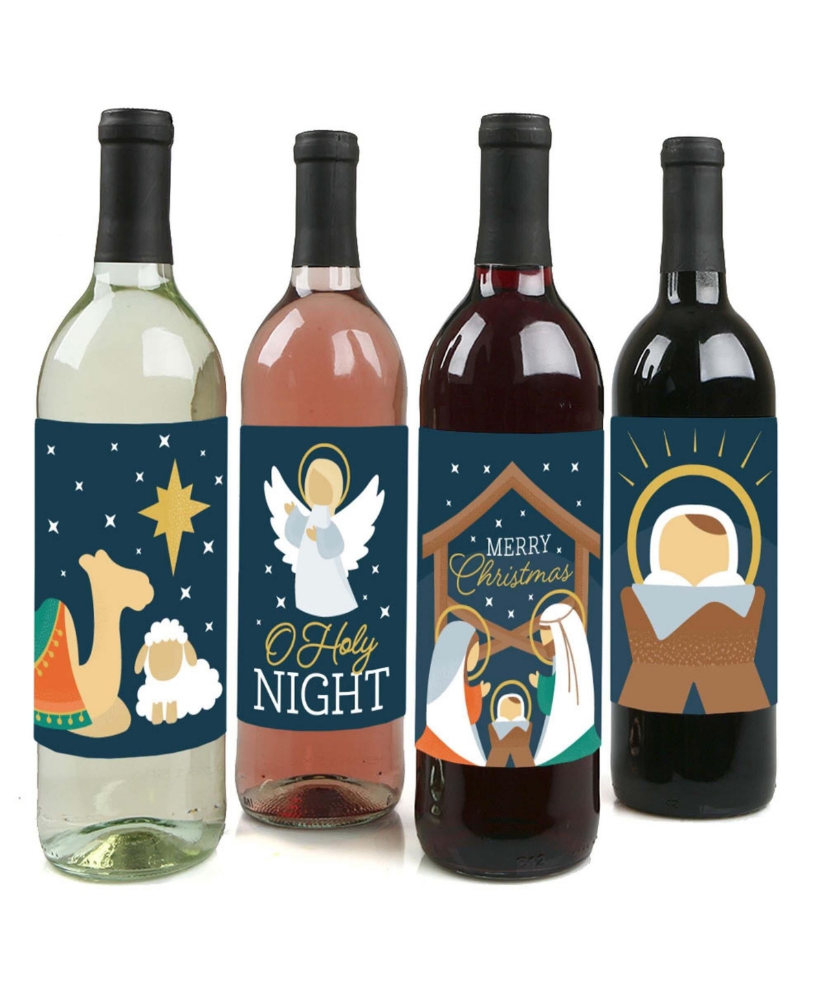 Holy Nativity - Manger Scene Religious Christmas Wine Bottle Label Stickers 4 Ct