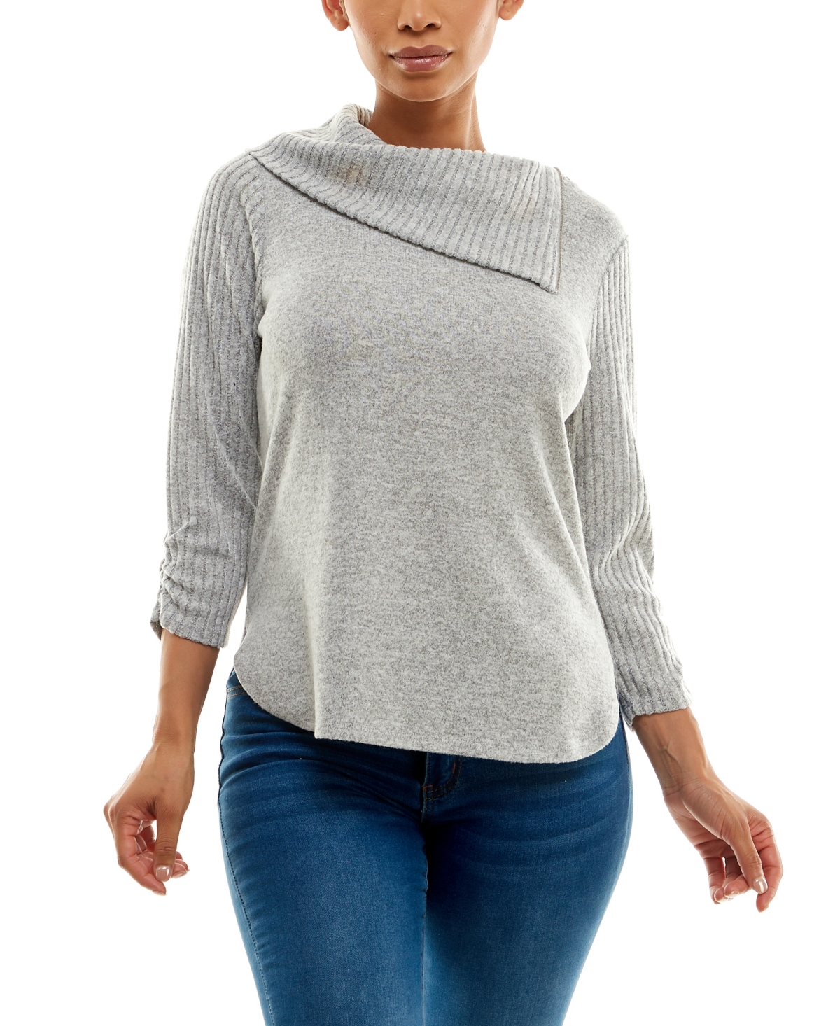 Adrienne Vittadini Women's 3/4 Sleeve Zippered Collar Top With Rib Sleeves In Light Gray Heather