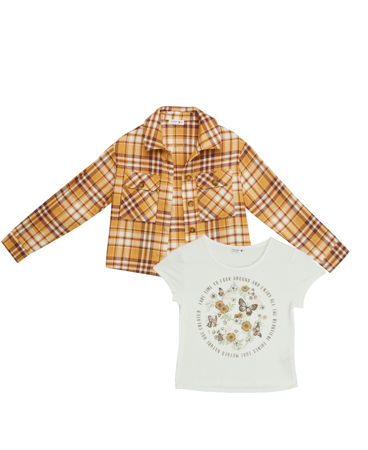 Beautees Big Girls Plaid Shacket With Pockets And Screen T-shirt Set In Mustard