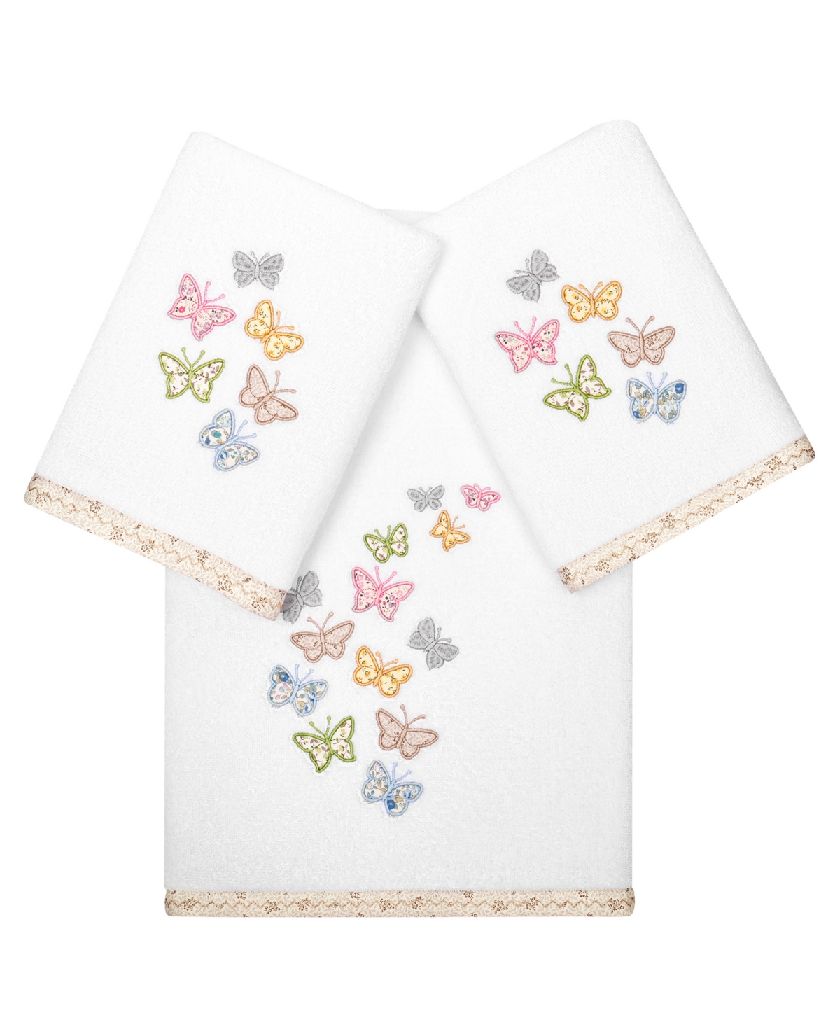Linum Home Textiles Turkish Cotton Mariposa Embellished Towel Set, 3 Piece In White