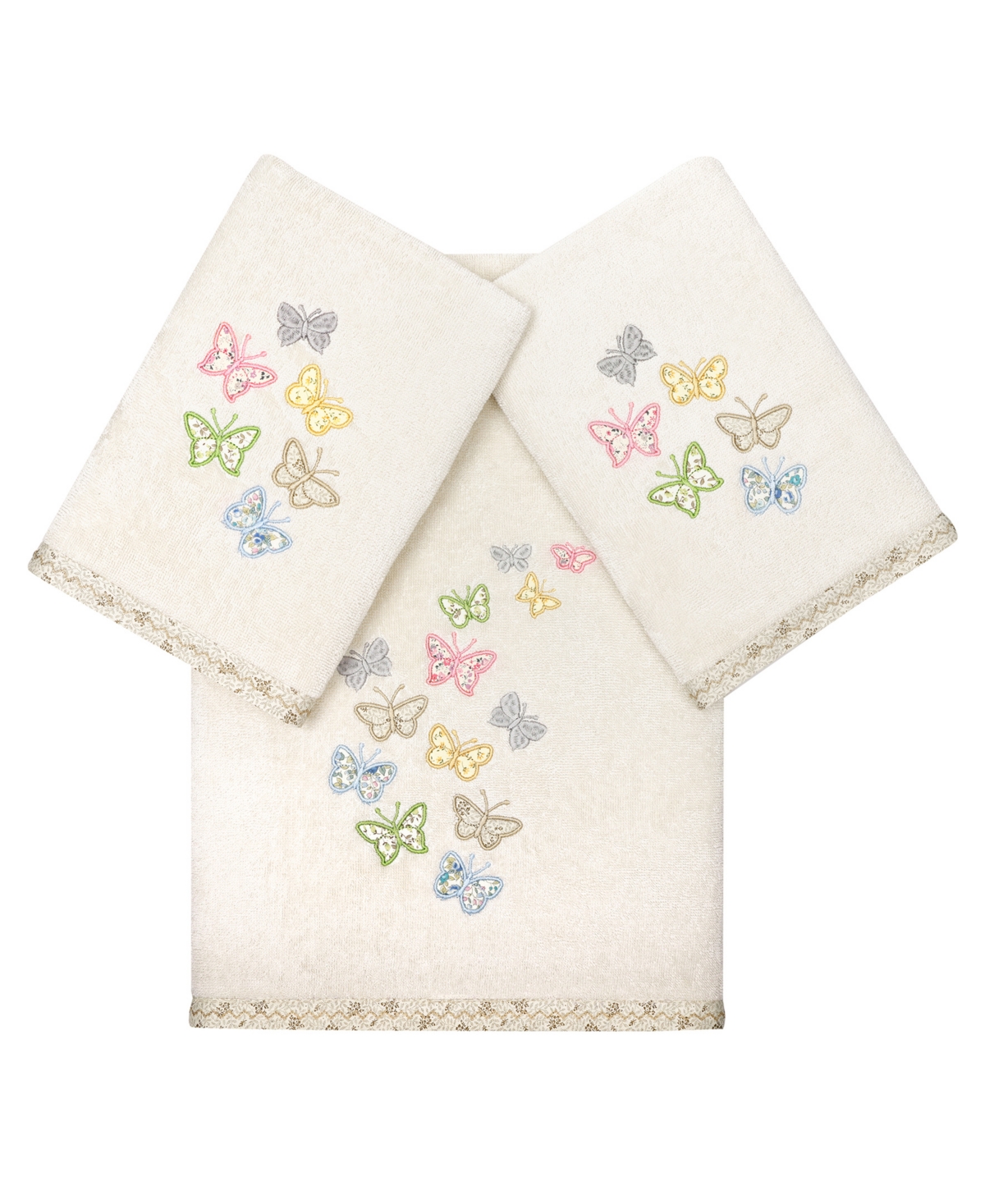 Linum Home Textiles Turkish Cotton Mariposa Embellished Towel Set, 3 Piece Bedding In Beige