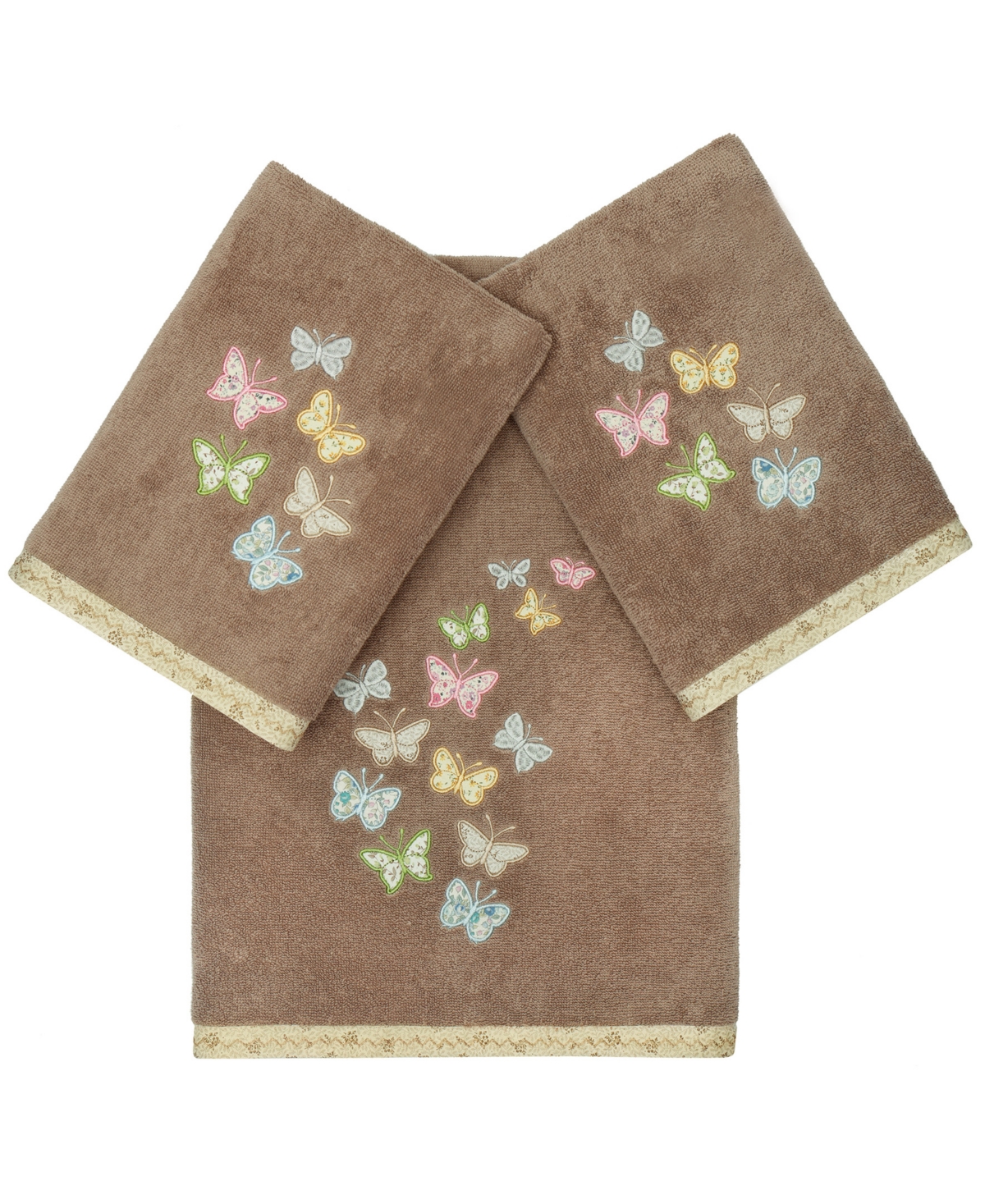 Linum Home Textiles Turkish Cotton Mariposa Embellished Towel Set, 3 Piece Bedding In Cocoa