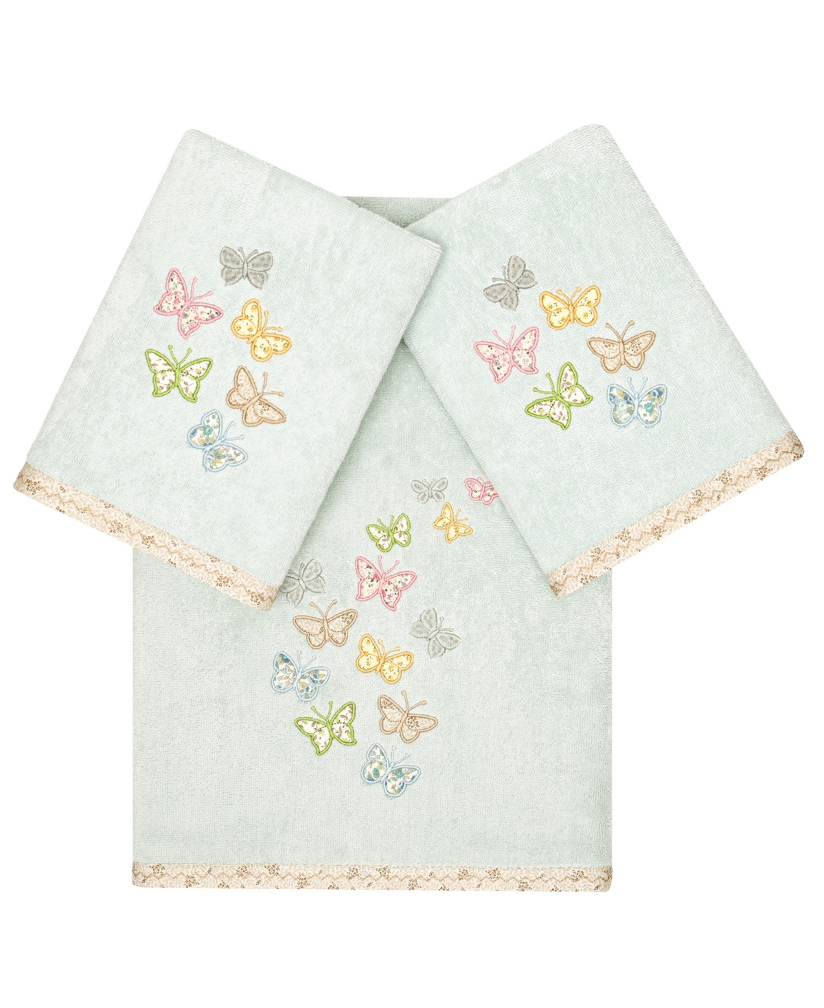 Linum Home Textiles Turkish Cotton Mariposa Embellished Towel Set, 3 Piece Bedding In Aqua