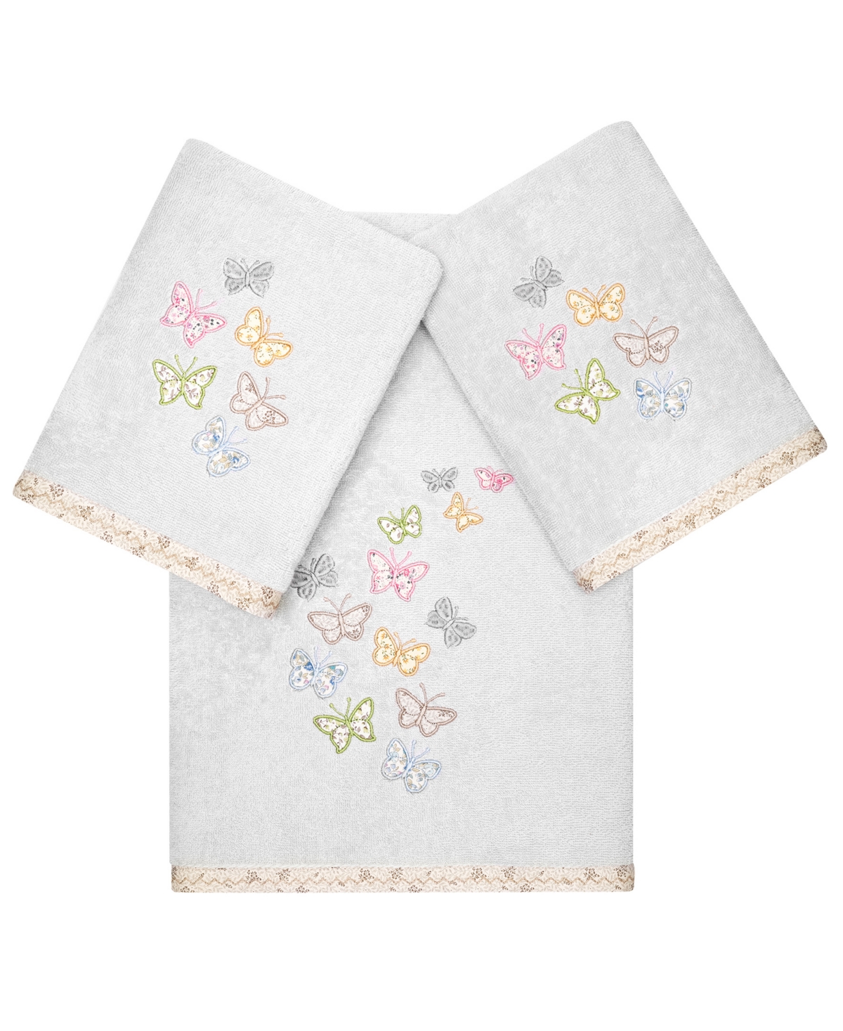 Linum Home Textiles Turkish Cotton Mariposa Embellished Towel Set, 3 Piece Bedding In Silver