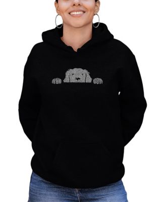 売れ筋商品|||エルエーポップアート カットソー トップス レディース Women's Peeking Dog Word Art Hooded Sweatshirt Black La Pop Art Women's Peeking Dog Word Art Hooded Sweatshirt