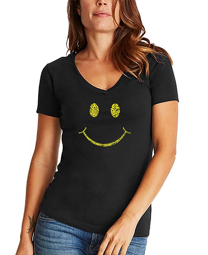 La Pop Art Women's Be Happy Smiley Face Word Art V-Neck T-Shirt, Black, XL