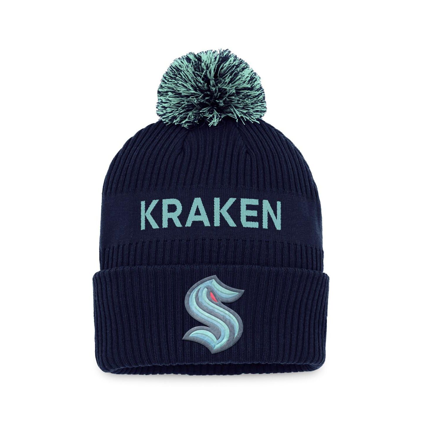 Мужская шапка Fanatics Deep Sea Blue, Light Blue Seattle Kraken 2022 NHL Draft Authentic Pro Cuffed Knit Hat with Pom — фото 3
