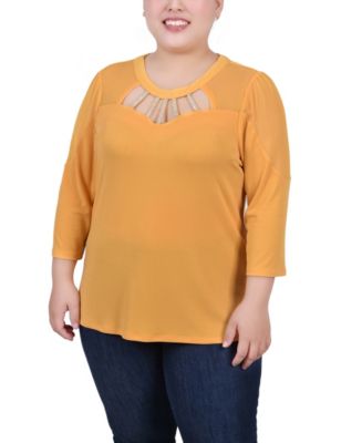 売れ筋商品|||ニューヨークコレクション カットソー トップス レディース Petite 3/4 Sleeve Top with Neckline Cutouts and Stones Golden Glow NY Collection Petite 3/4 Sleeve Cutouts Top Women's PL