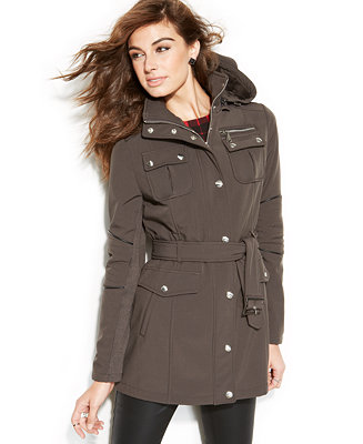 BCBGeneration Faux-Leather-Trim Hooded Belted Soft Shell Coat - Coats ...