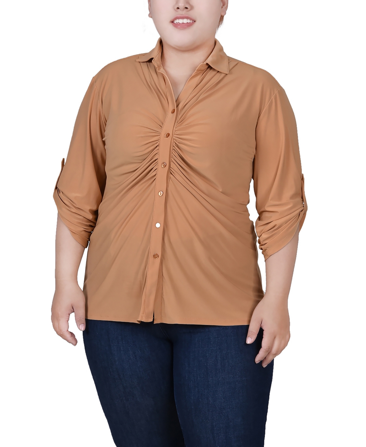 Plus Size 3/4 Roll Tab Rouched-Front Top - Surf The Web