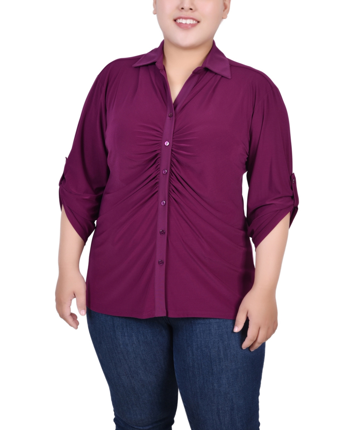 Plus Size 3/4 Roll Tab Rouched-Front Top - Purple Potion